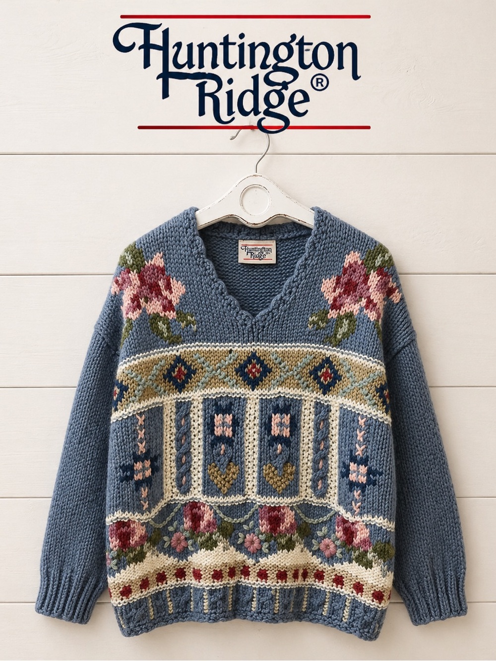 HUNTINGTON RIDGE Blue Hand-Knitted Floral Sweater – Medium